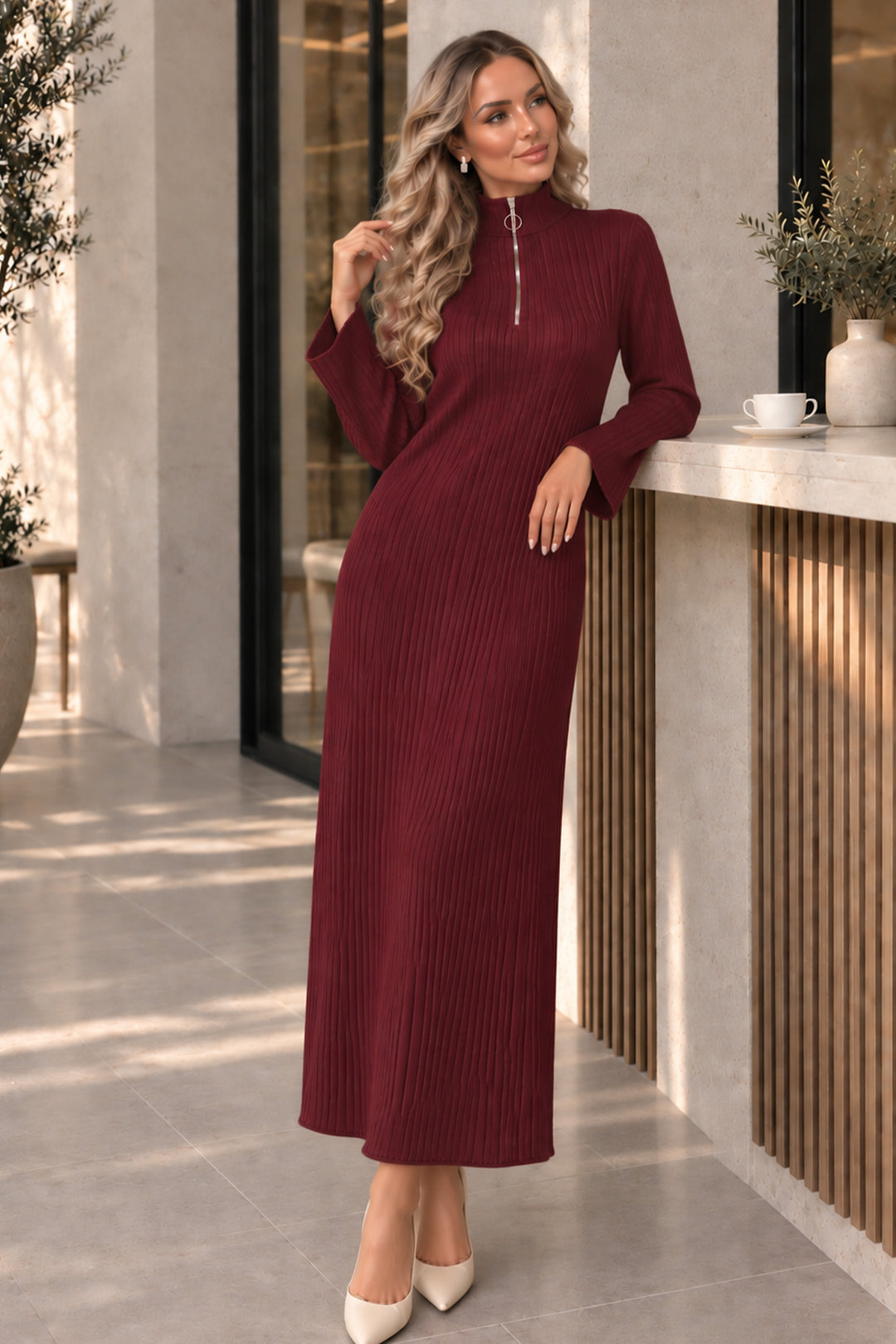 BNG Women Yakası Fermuarlı Fitilli Triko Elbise K3018 Bordo - Mazatlán