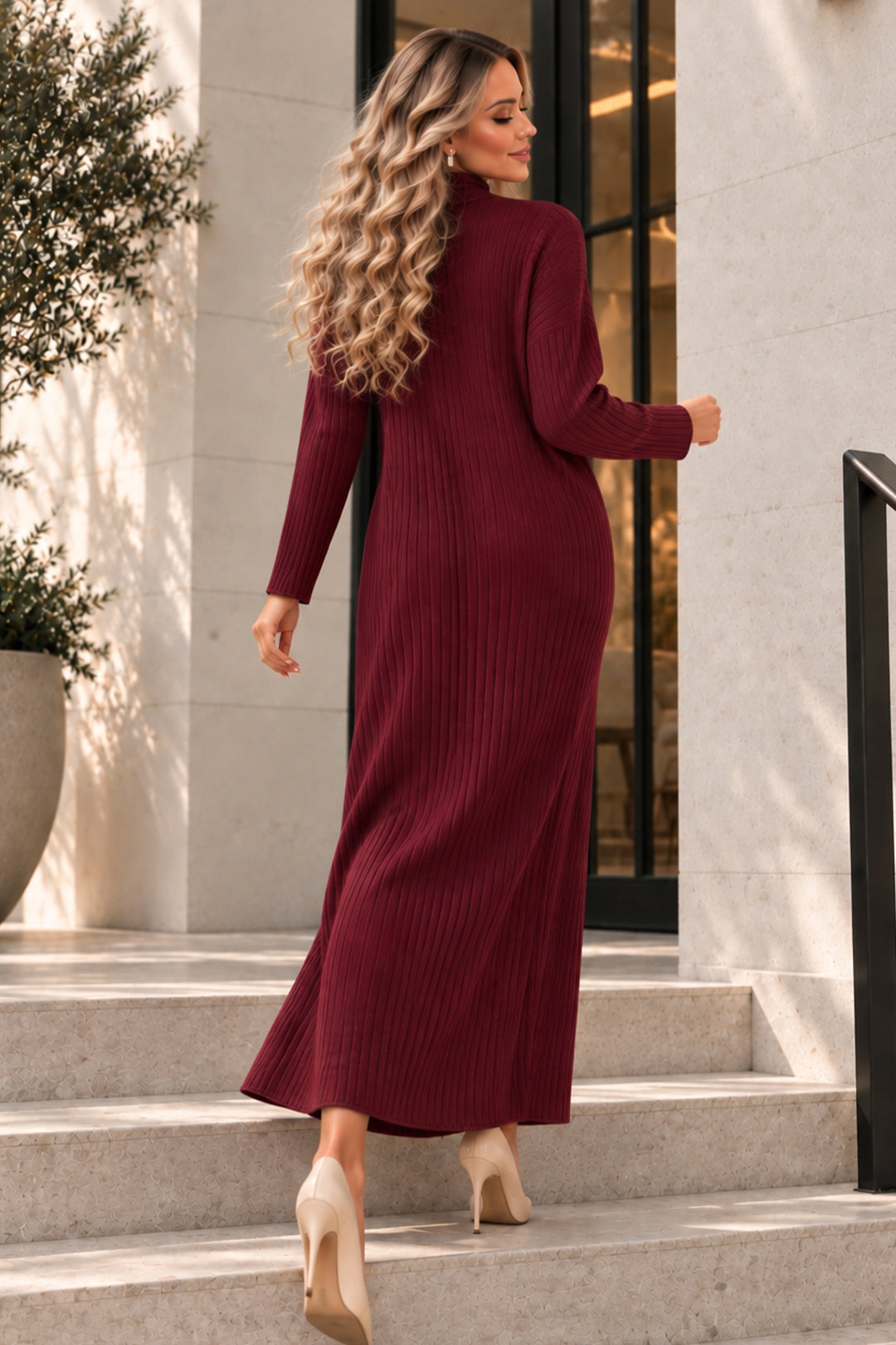 BNG Women Yakası Fermuarlı Fitilli Triko Elbise K3018 Bordo - Mazatlán
