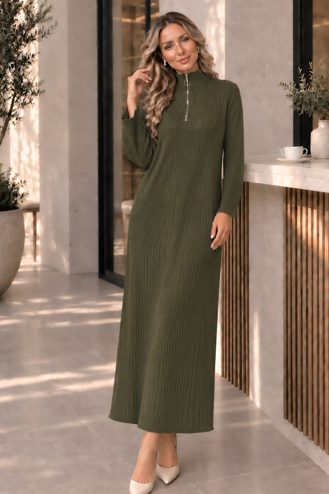 BNG Women Yakası Fermuarlı Fitilli Triko Elbise K3018 Haki - Gisborne