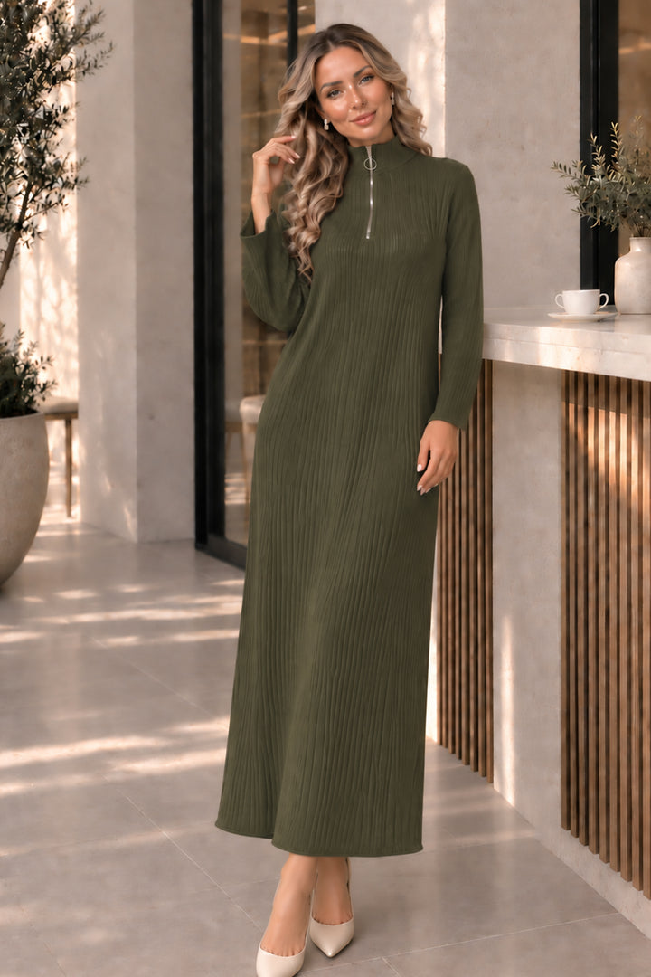 BNG Women Yakası Fermuarlı Fitilli Triko Elbise K3018 Haki - Gisborne