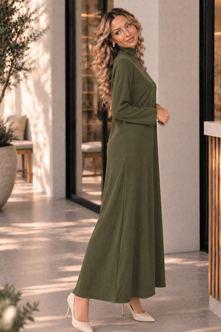 BNG Women Yakası Fermuarlı Fitilli Triko Elbise K3018 Haki - Gisborne