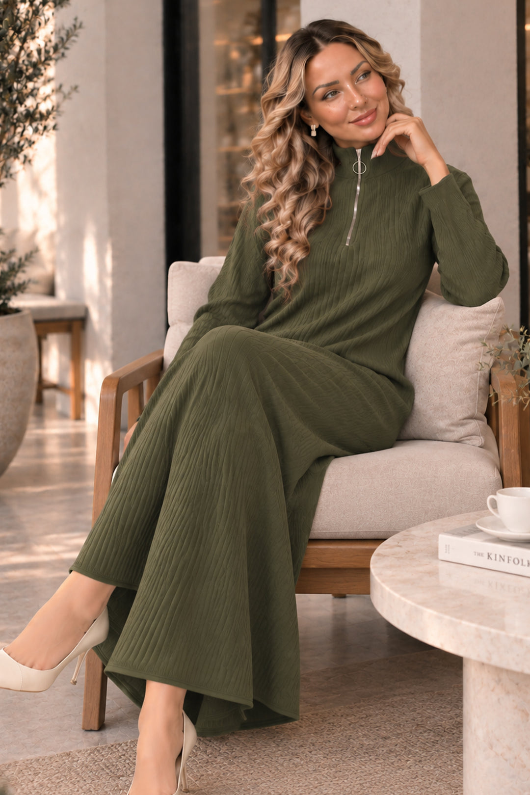 BNG Women Yakası Fermuarlı Fitilli Triko Elbise K3018 Haki - Gisborne