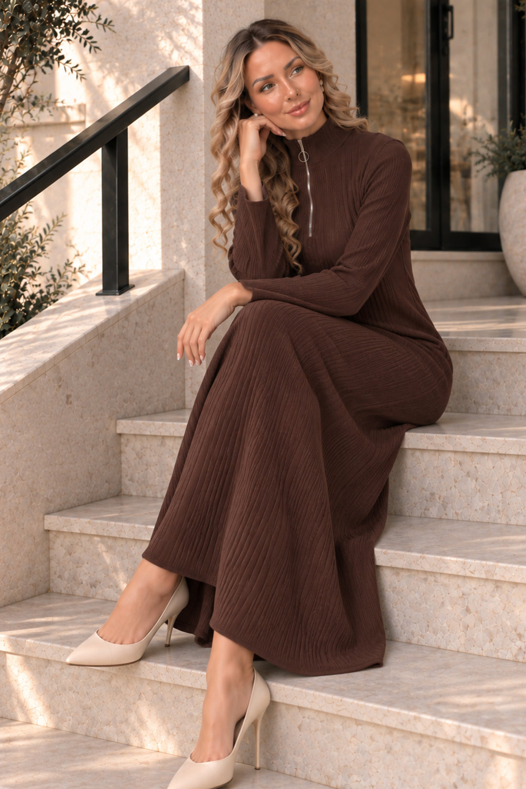 BNG Women Yakası Fermuarlı Fitilli Triko Elbise K3018 Kahverengi - Uman