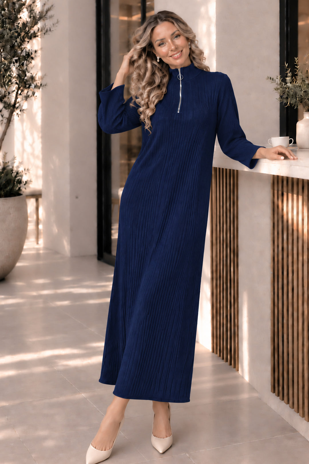BNG Women Yakası Fermuarlı Fitilli Triko Elbise K3018 Lacivert - Sutton
