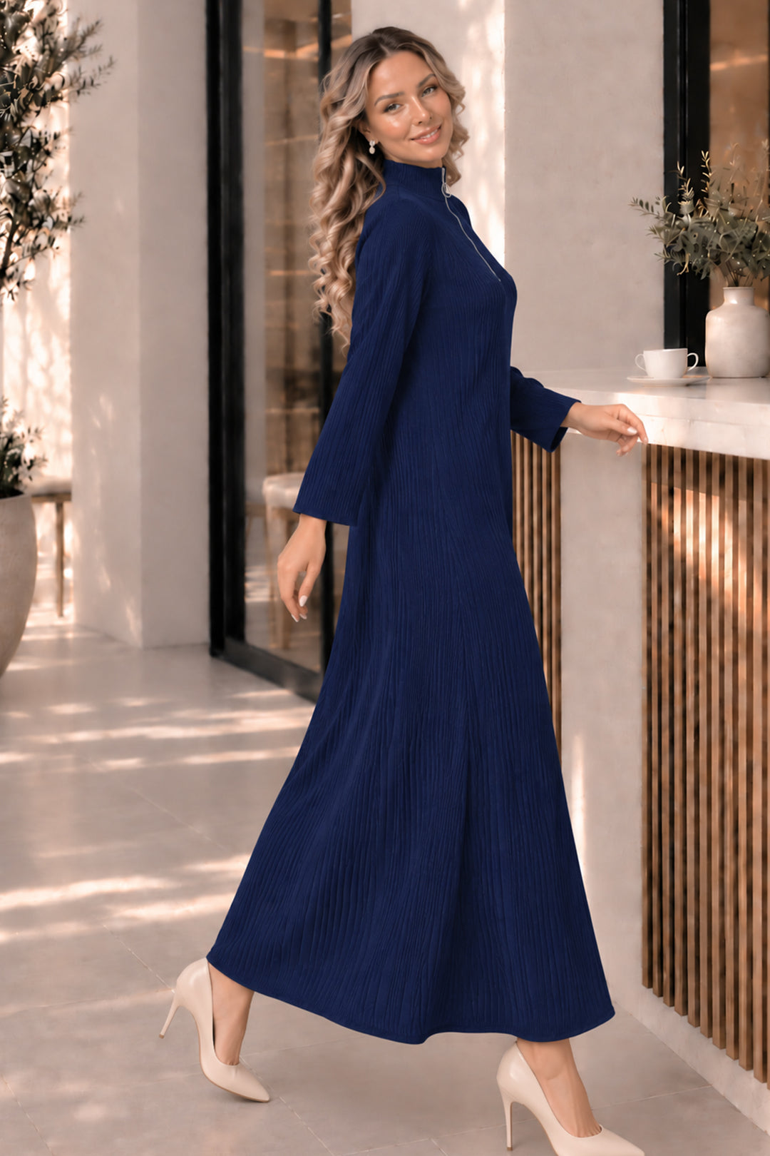 BNG Women Yakası Fermuarlı Fitilli Triko Elbise K3018 Lacivert - Sutton
