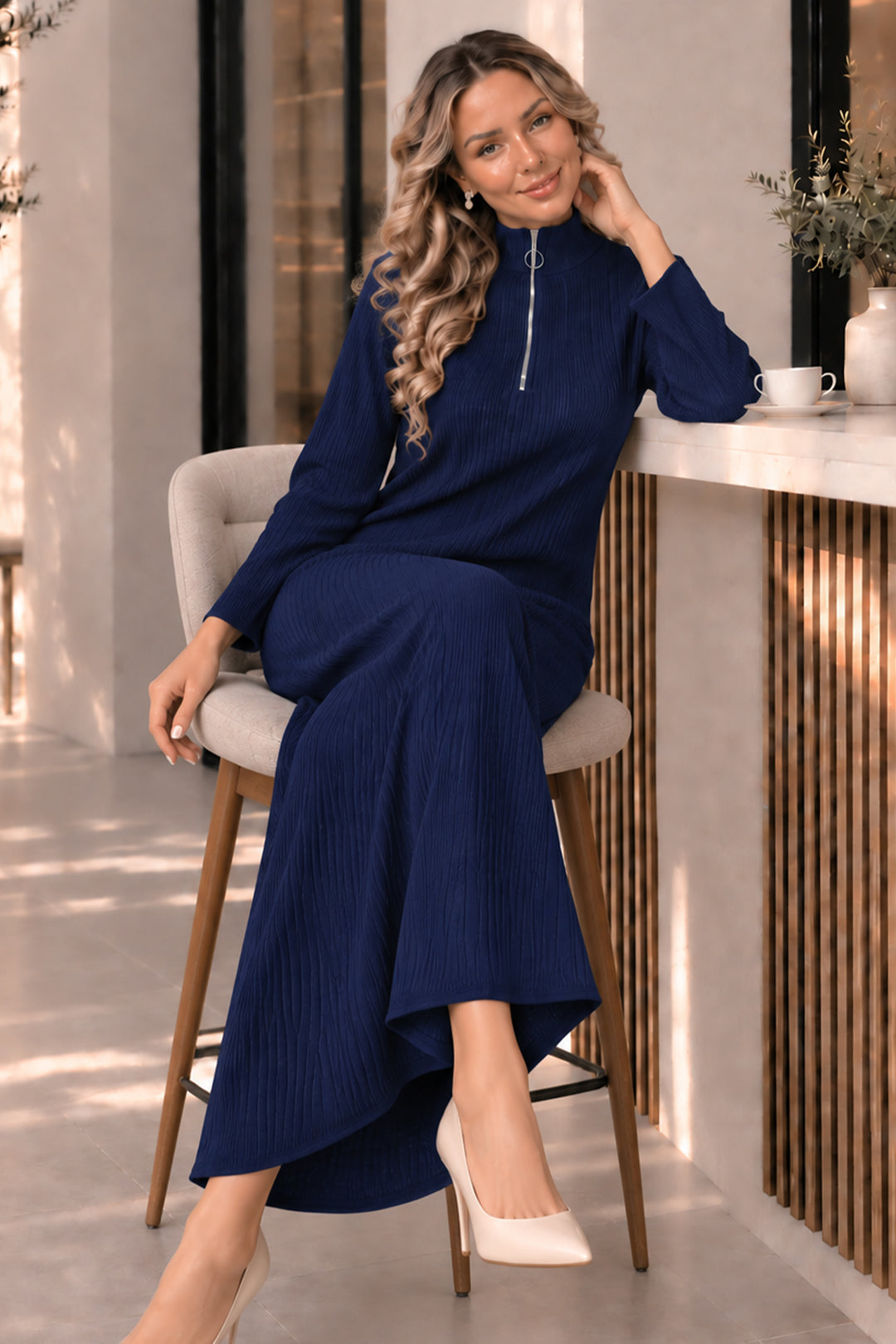 BNG Women Yakası Fermuarlı Fitilli Triko Elbise K3018 Lacivert - Sutton