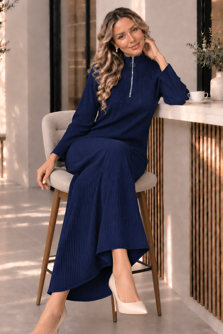 BNG Women Yakası Fermuarlı Fitilli Triko Elbise K3018 Lacivert - Sutton