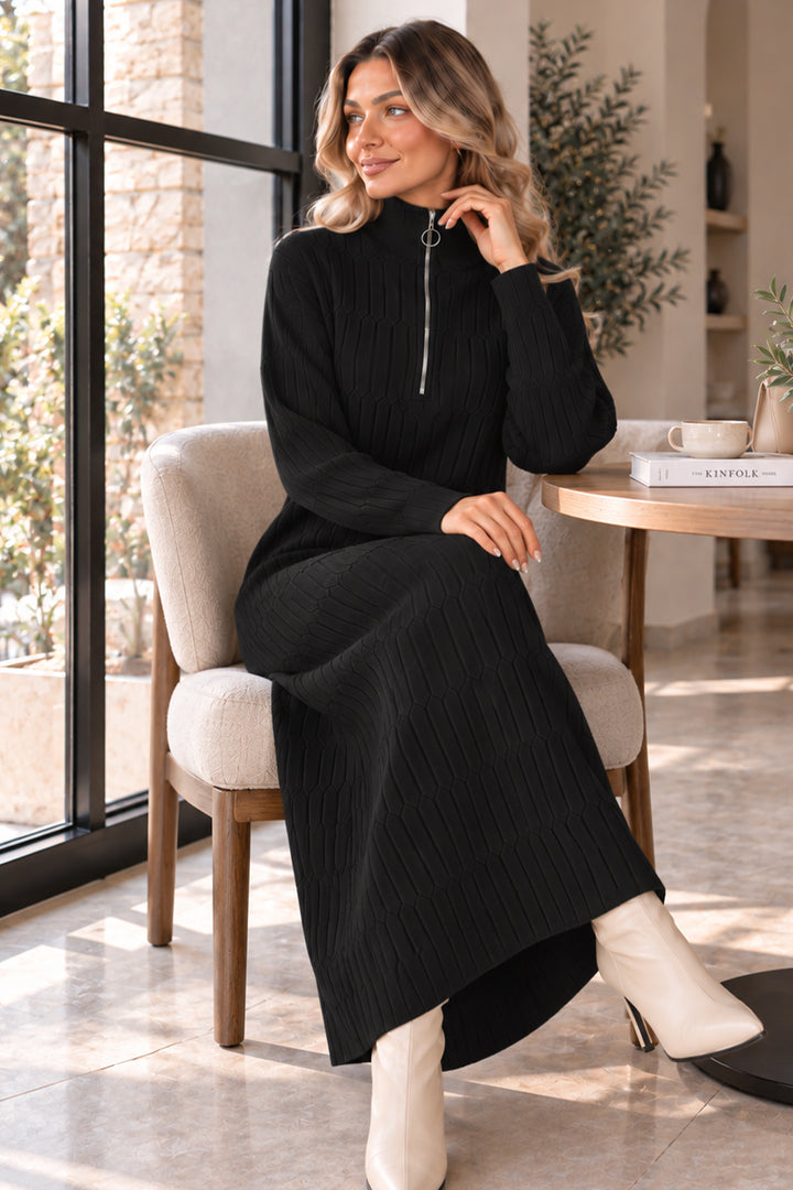 BNG Women Yakası Fermuarlı Triko Elbise K3055 Siyah - Redditch