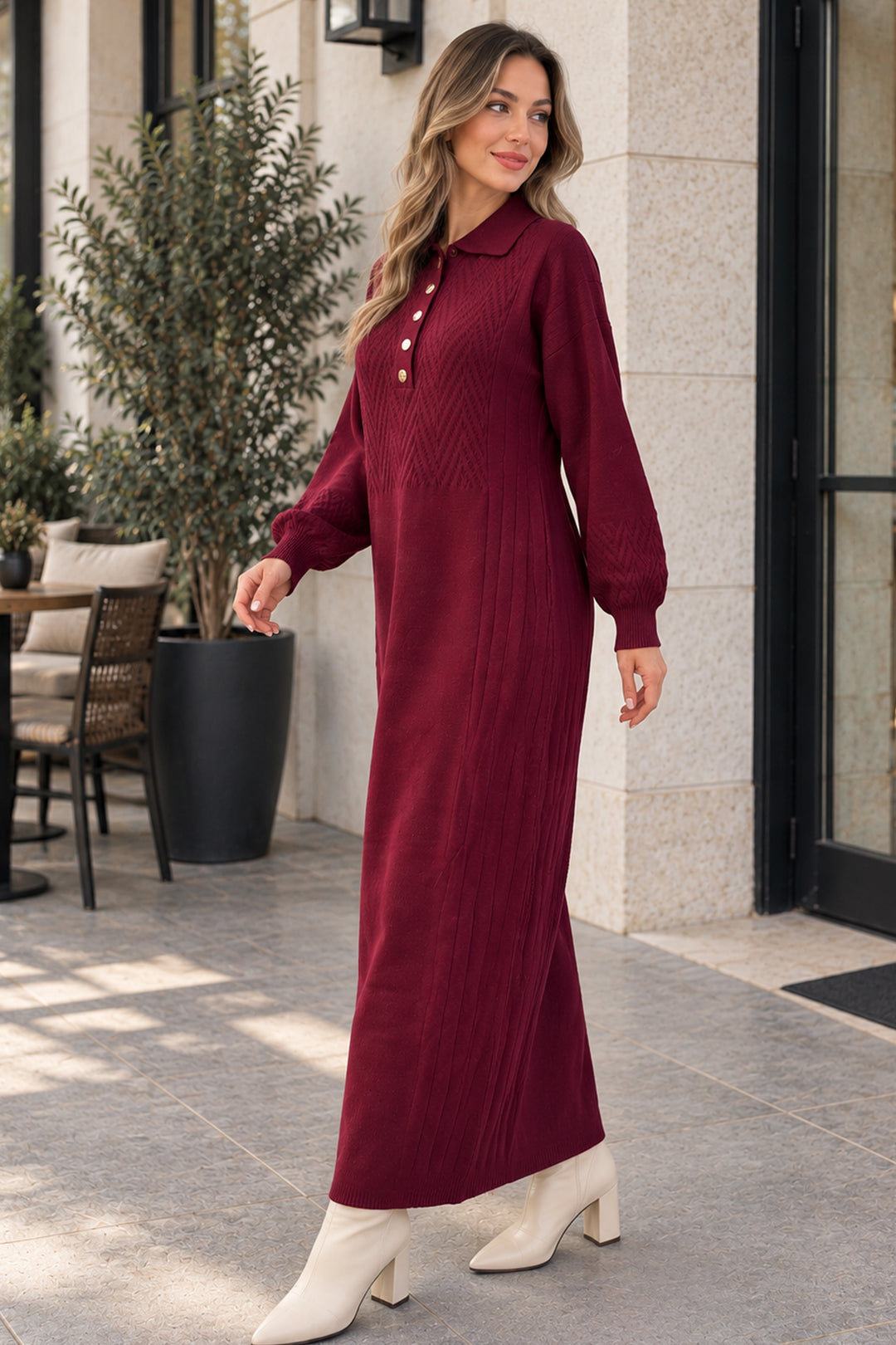 BNG Women Yakası Düğmeli Triko Elbise K3072 Bordo - Sioux City