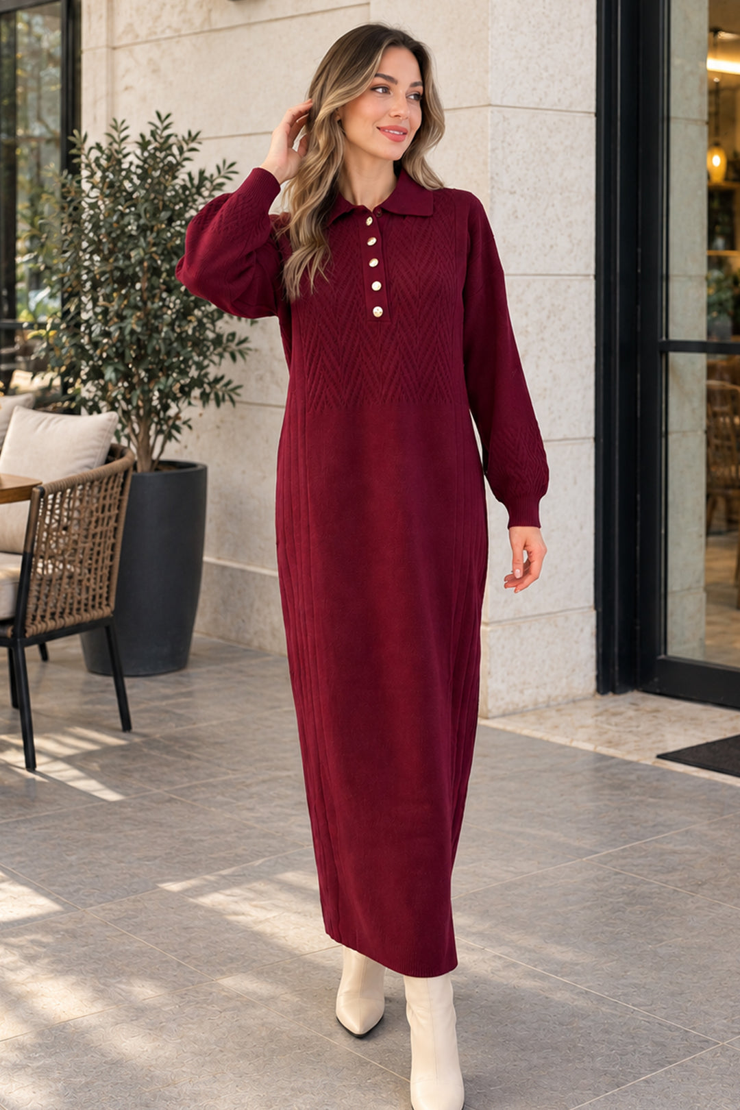 BNG Women Yakası Düğmeli Triko Elbise K3072 Bordo - Sioux City