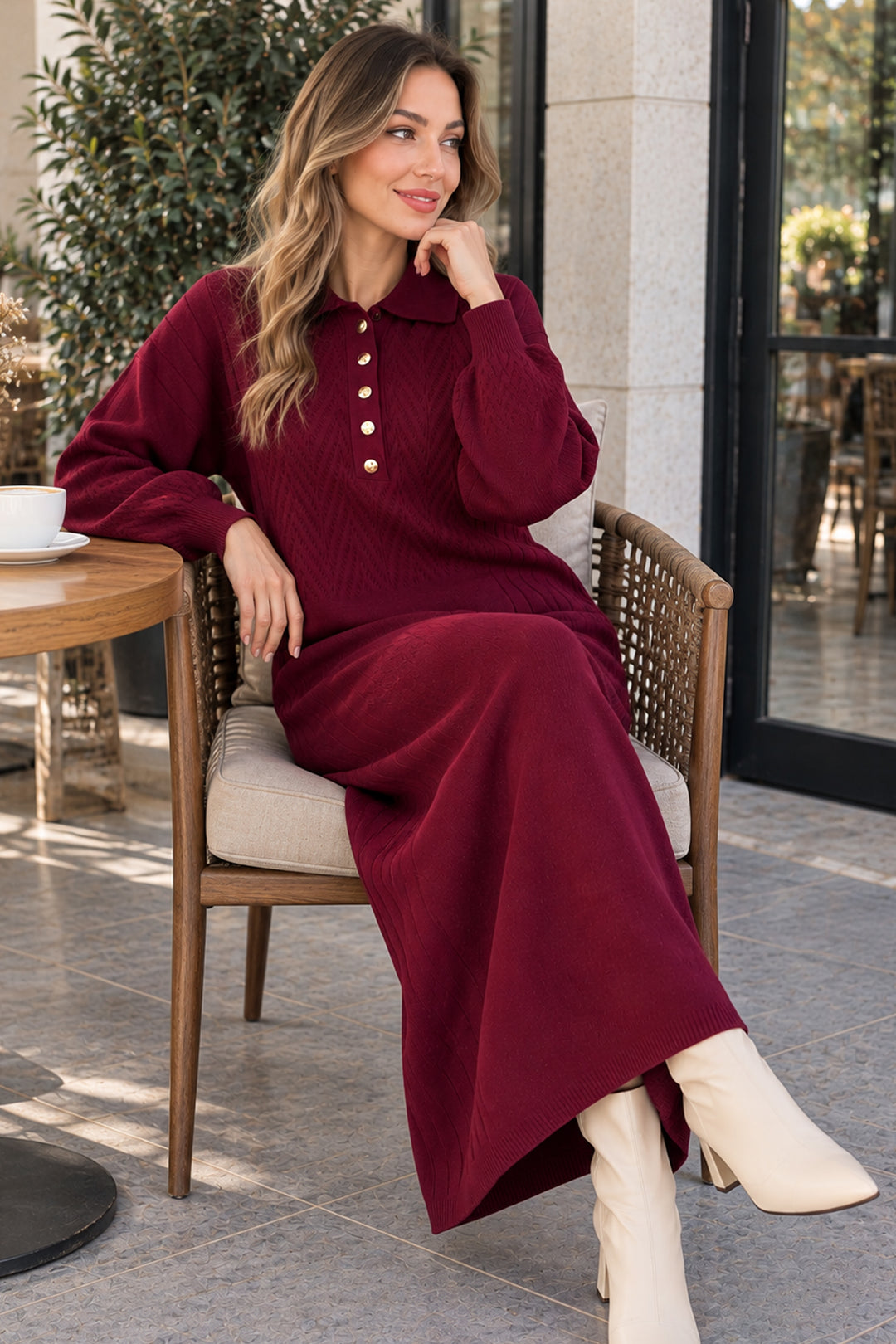 BNG Women Yakası Düğmeli Triko Elbise K3072 Bordo - Woodley