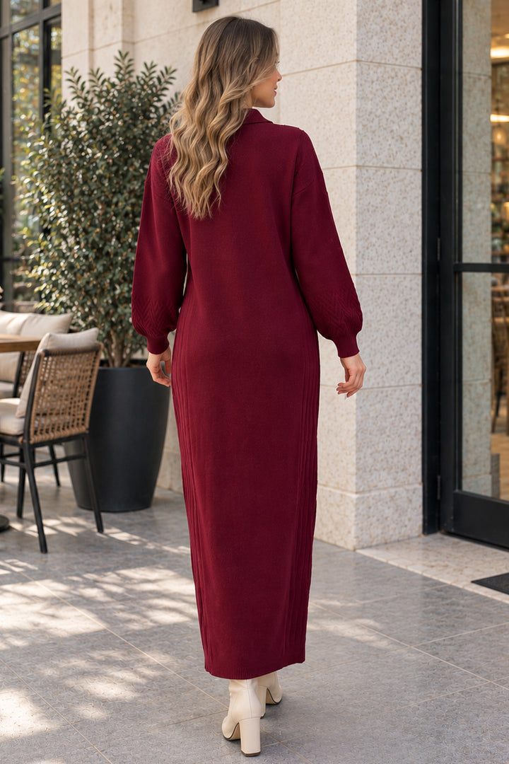 BNG Women Yakası Düğmeli Triko Elbise K3072 Bordo - Woodley