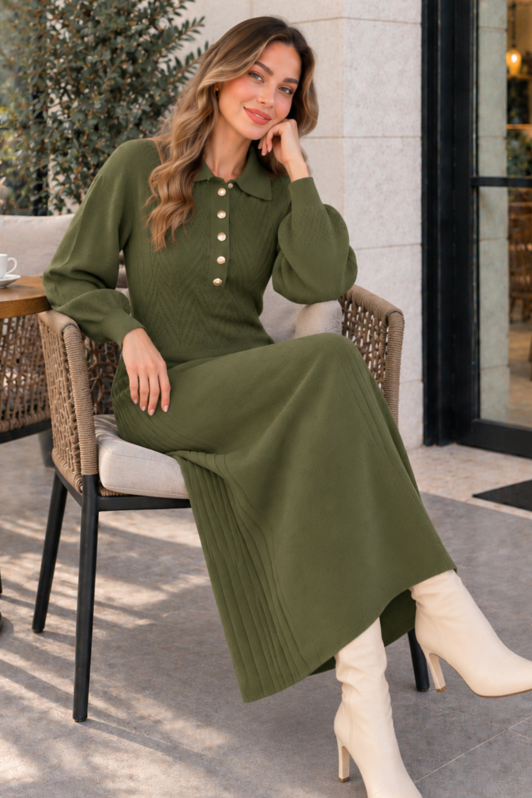 BNG Women Yakası Düğmeli Triko Elbise K3072 Haki - Teotihuacan