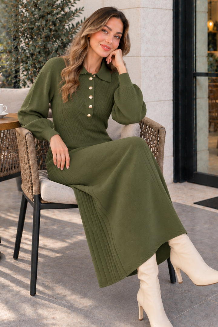 BNG Women Yakası Düğmeli Triko Elbise K3072 Haki - Teotihuacan