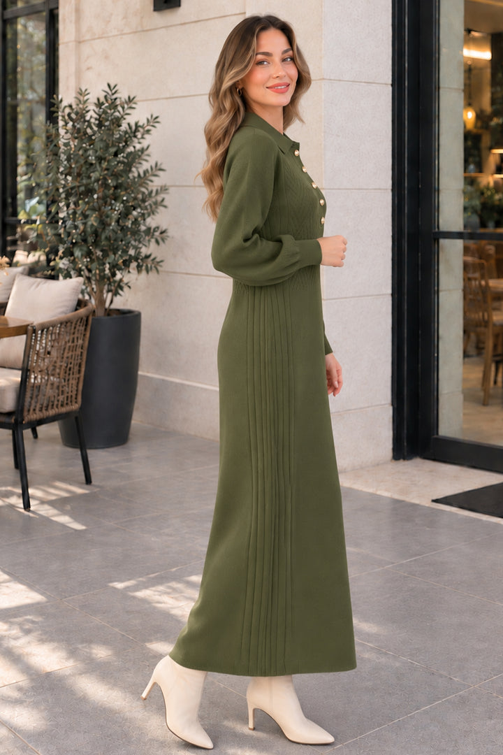 BNG Women Yakası Düğmeli Triko Elbise K3072 Haki - Teotihuacan
