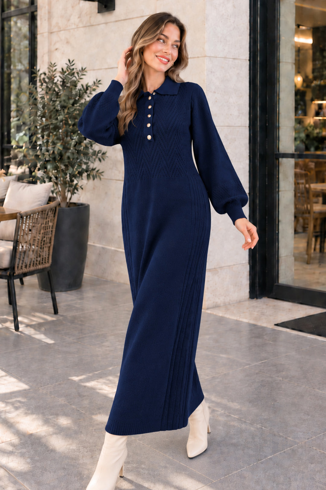 BNG Women Yakası Düğmeli Triko Elbise K3072 Lacivert - Eugene