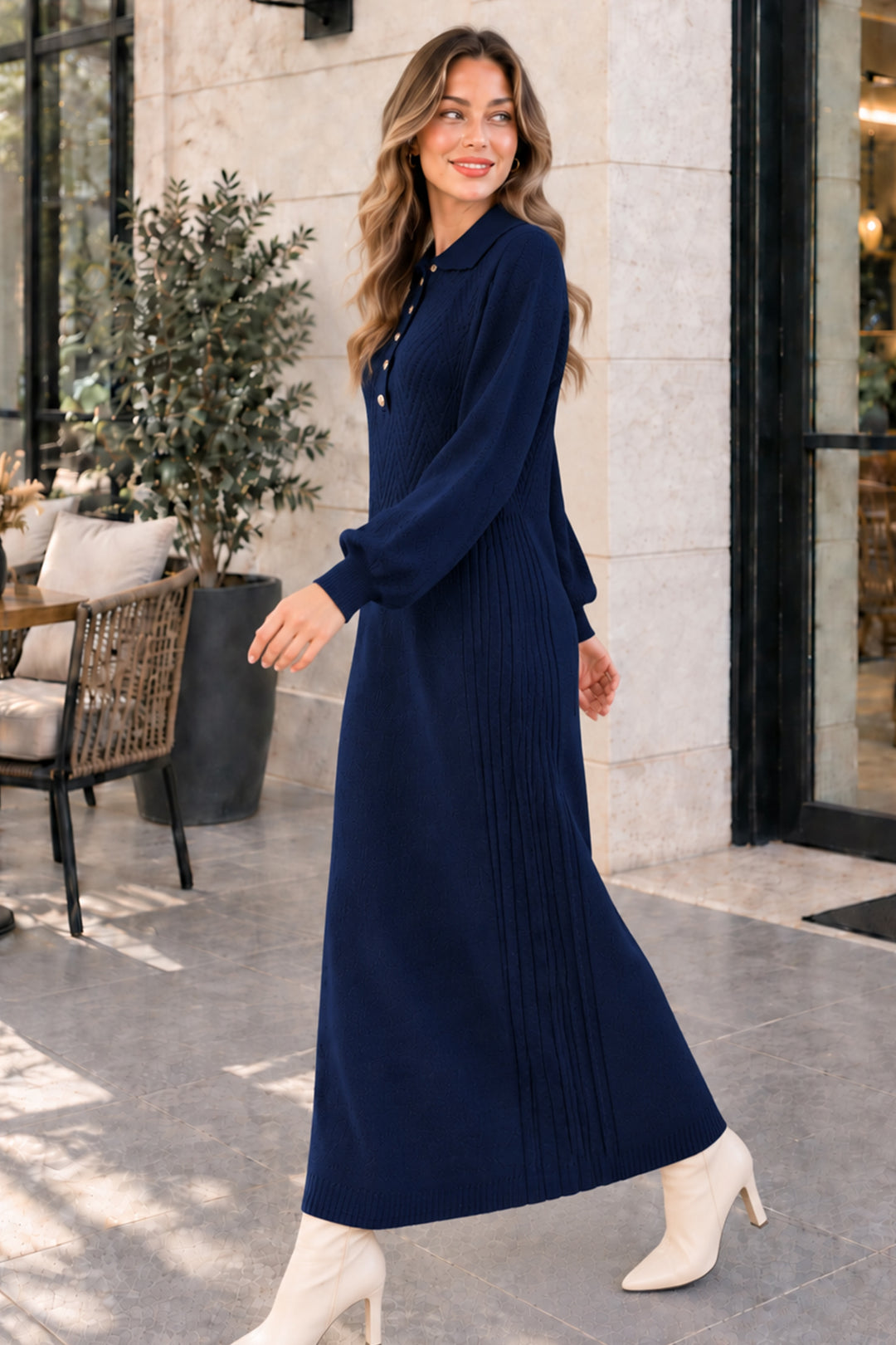 BNG Women Yakası Düğmeli Triko Elbise K3072 Lacivert - Eugene