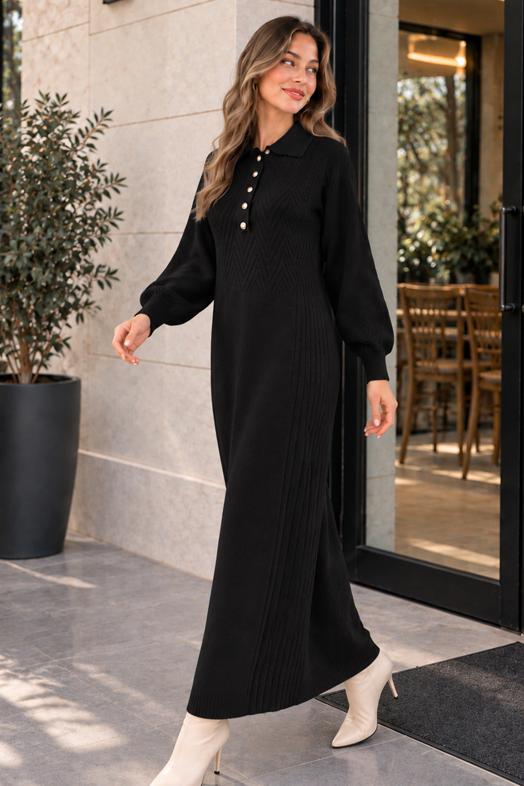 BNG Women Yakası Düğmeli Triko Elbise K3072 Siyah - Mason