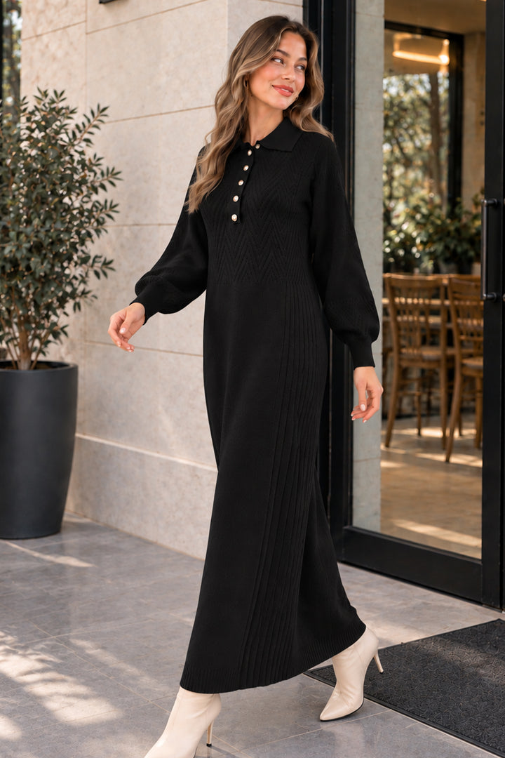 BNG Women Yakası Düğmeli Triko Elbise K3072 Siyah - Marl