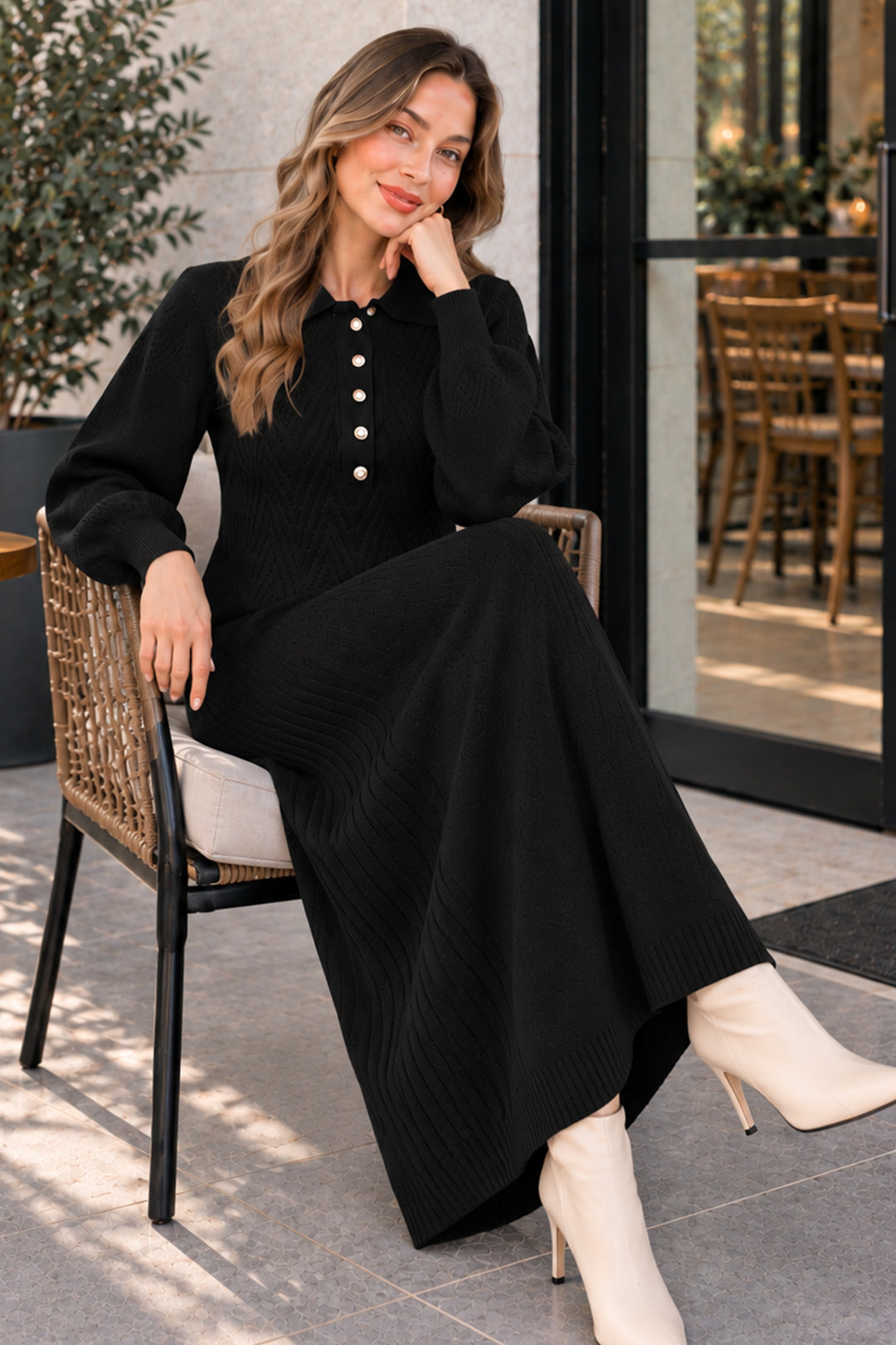 BNG Women Yakası Düğmeli Triko Elbise K3072 Siyah - Mason