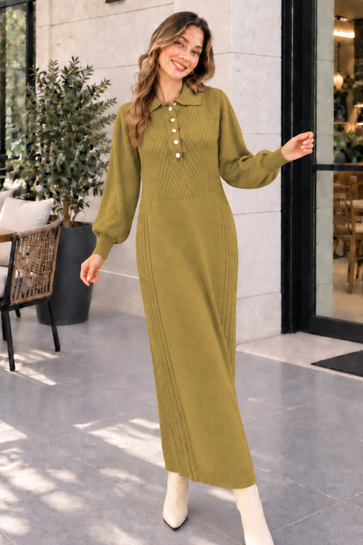 BNG Women Yakası Düğmeli Triko Elbise K3072 Yağ Yeşili - Pearl City