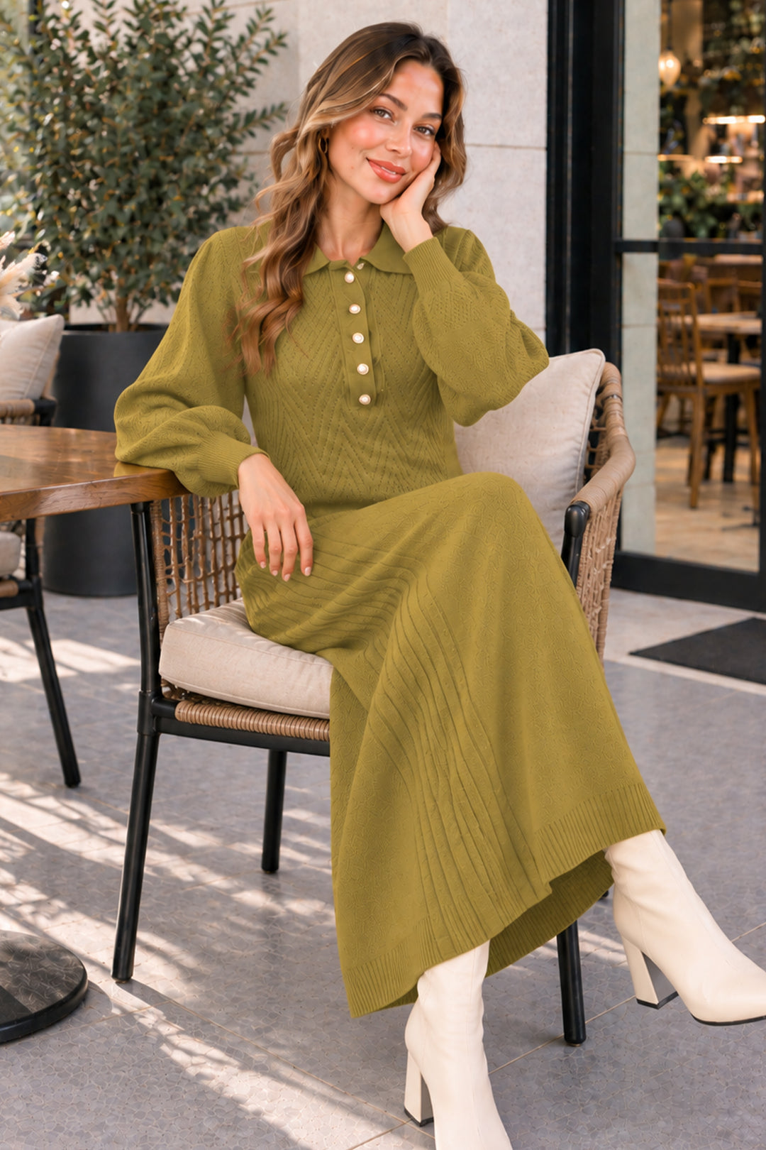 BNG Women Yakası Düğmeli Triko Elbise K3072 Yağ Yeşili - Trapani