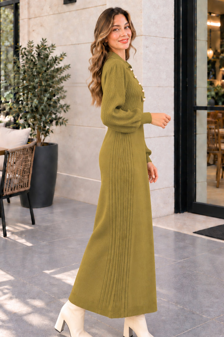 BNG Women Yakası Düğmeli Triko Elbise K3072 Yağ Yeşili - Trapani
