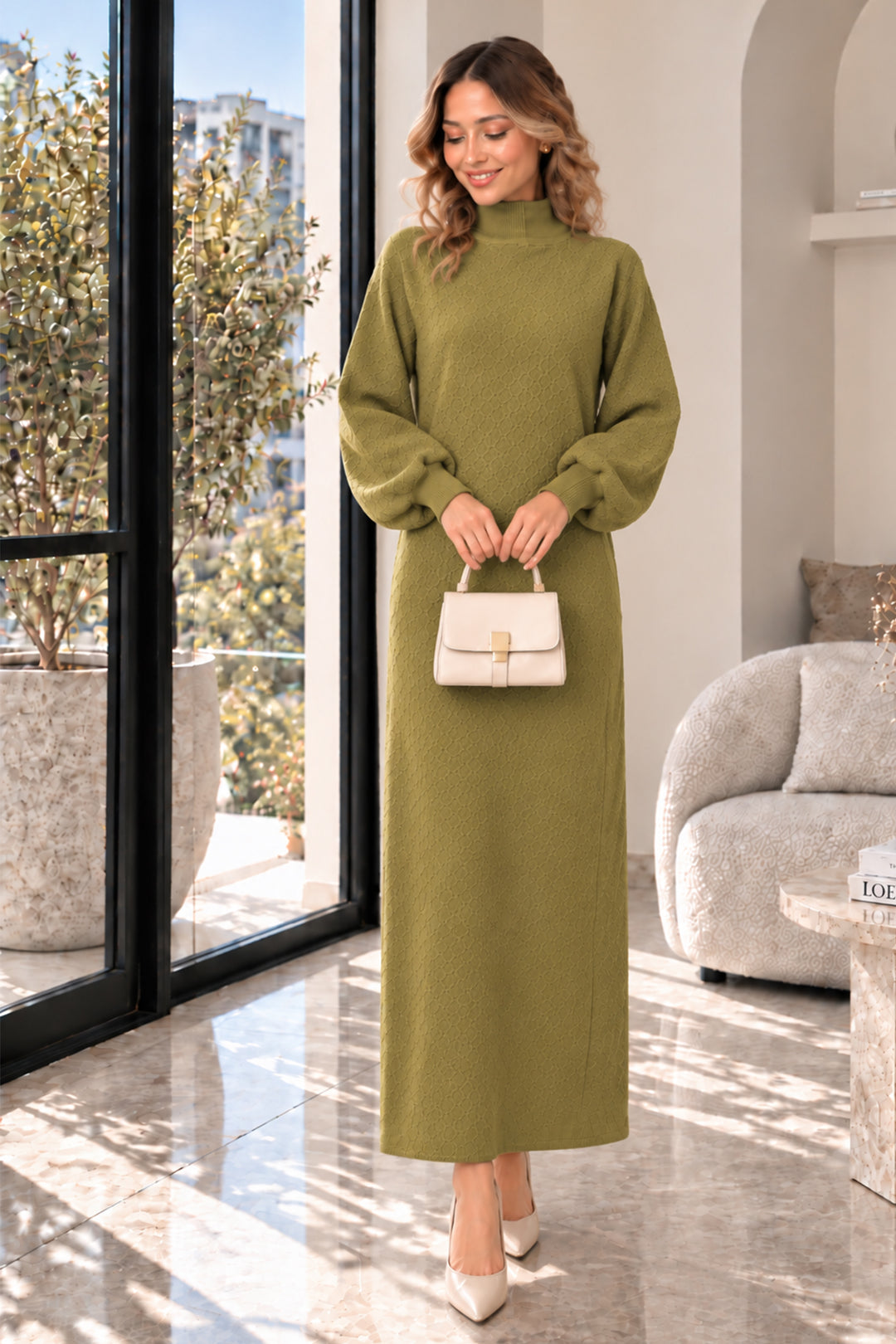 BNG Women Balıkçı Yaka Triko Elbise K3048 Yağ Yeşili - Streatham