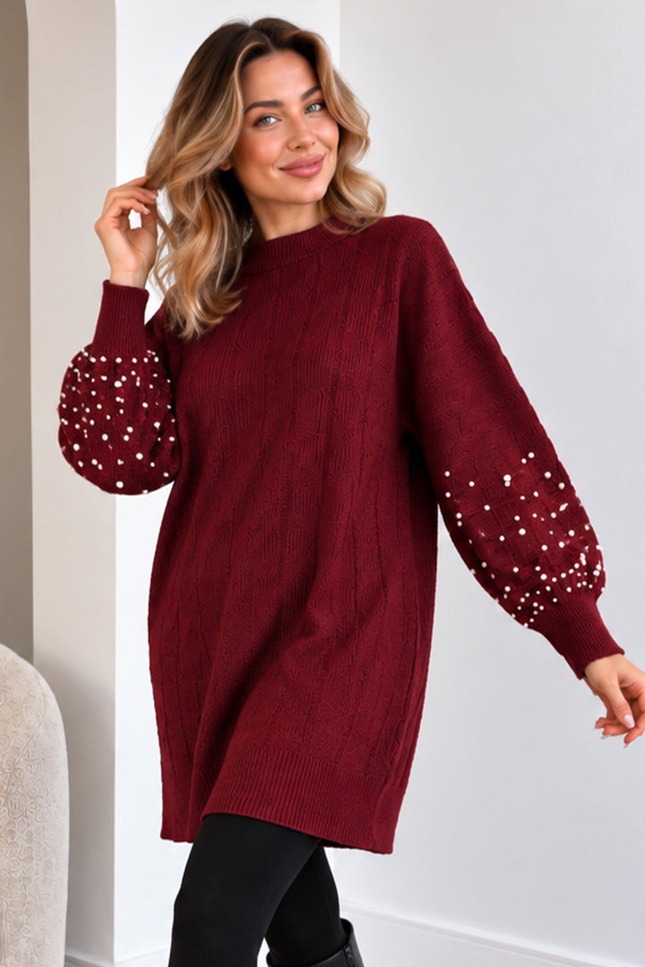 BNG Women Kolları İnci Detaylı Triko Kazak K6042 Bordo - Concord