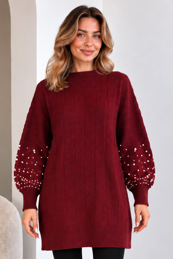 BNG Women Kolları İnci Detaylı Triko Kazak K6042 Bordo - Parsippany-Troy Hills