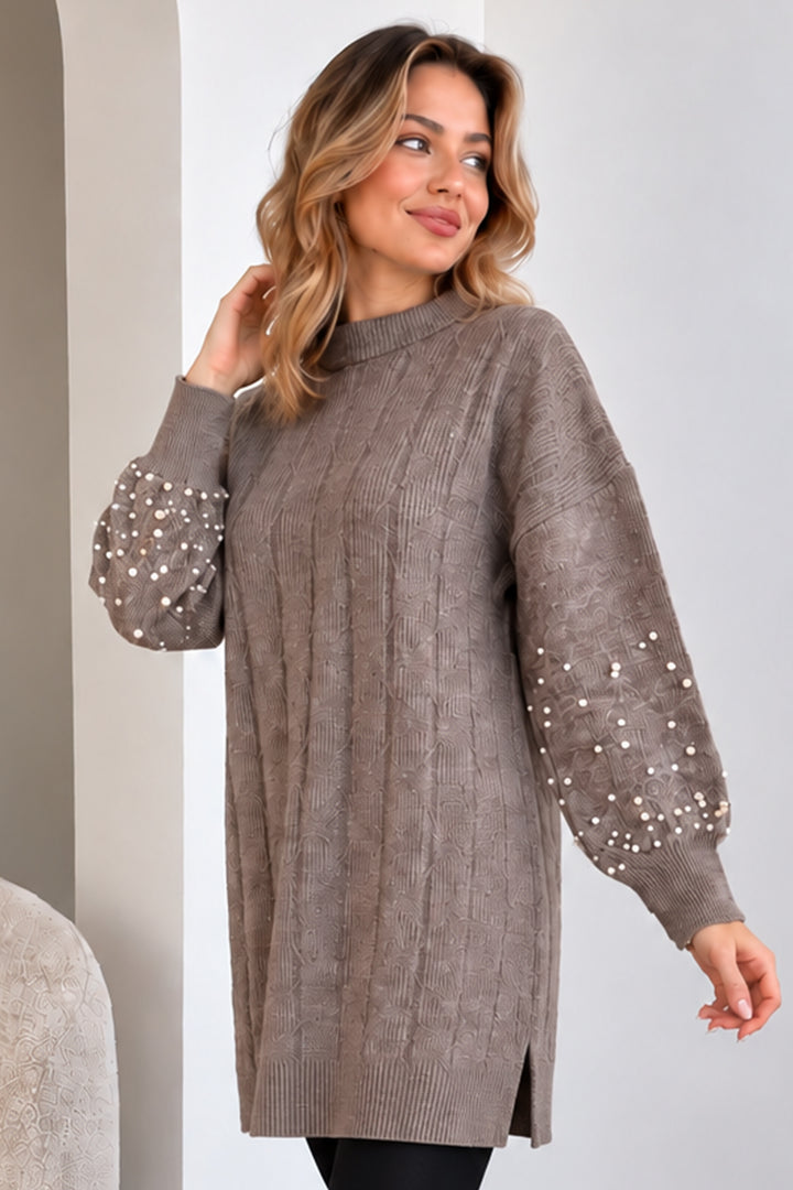 BNG Women Kolları İnci Detaylı Triko Kazak K6042 Vizon - Jonesboro