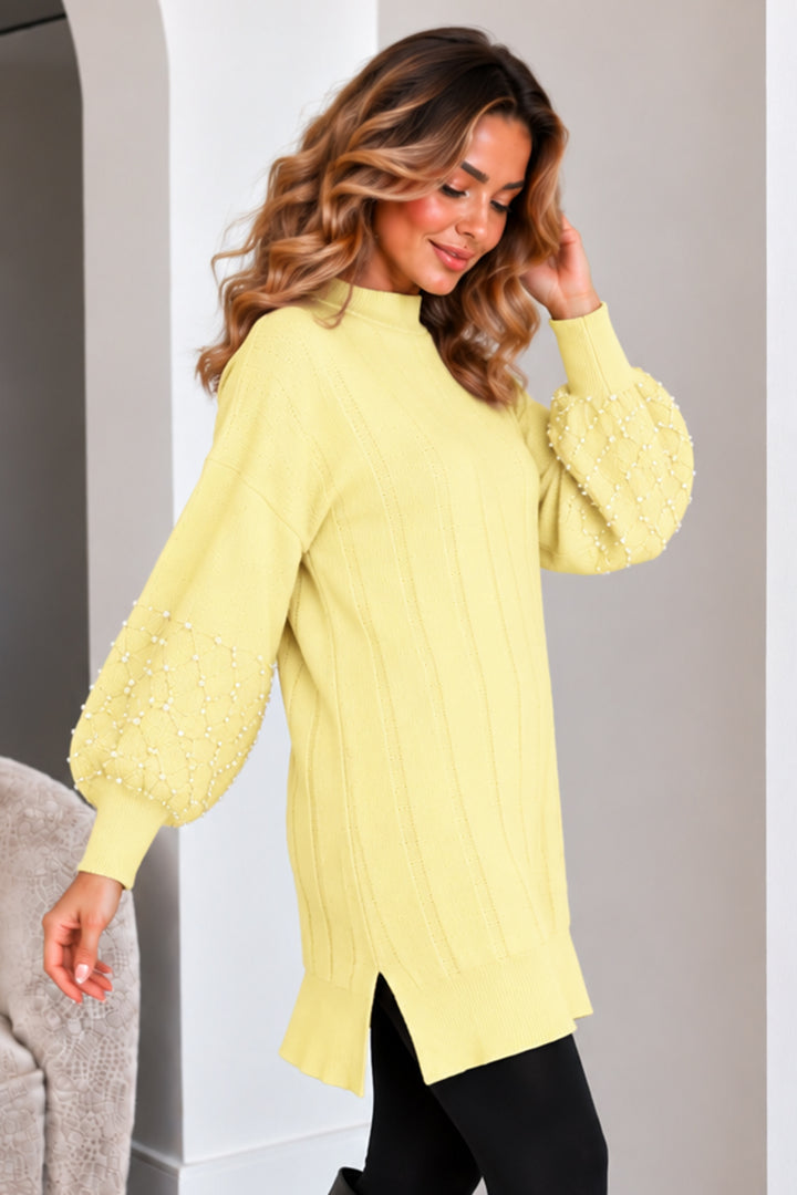 BNG Women Kolları İnci Detaylı Triko Kazak K6042 Limon Sarısı - Assen