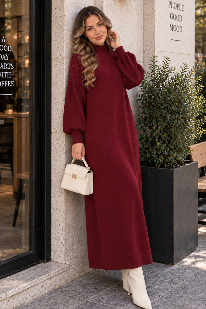 BNG Women İnci Detaylı Triko Elbise K3084 Bordo - Ocotlán