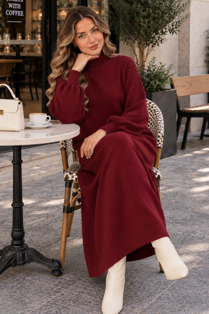 BNG Women İnci Detaylı Triko Elbise K3084 Bordo - Ocotlán
