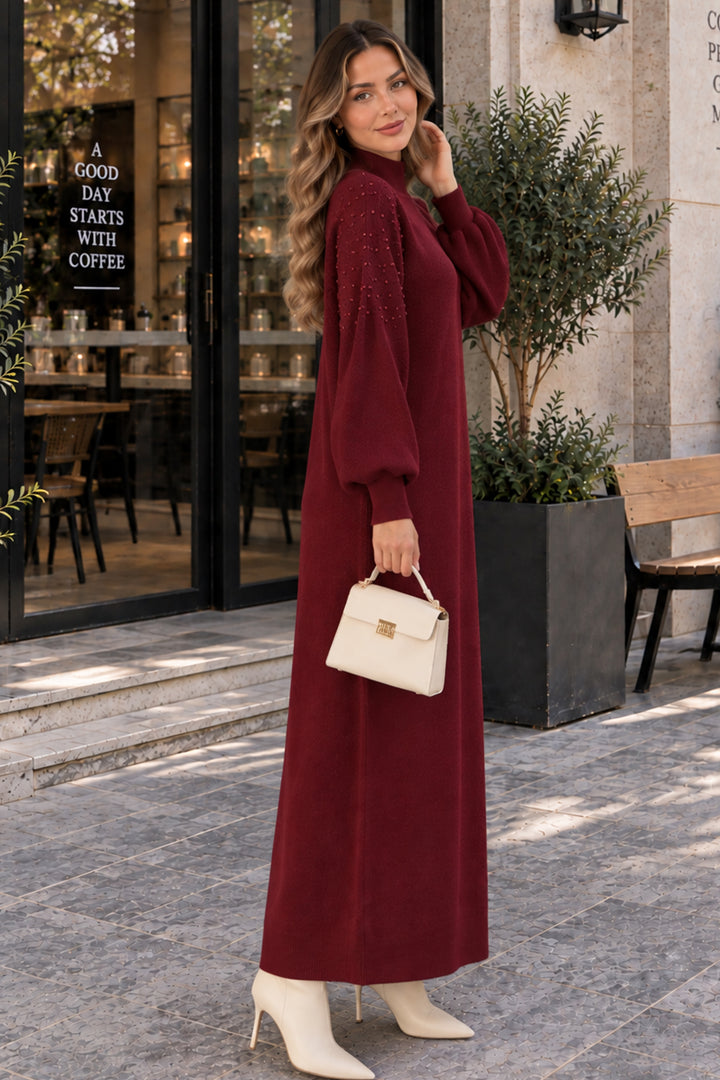 BNG Women İnci Detaylı Triko Elbise K3084 Bordo - Ocotlán