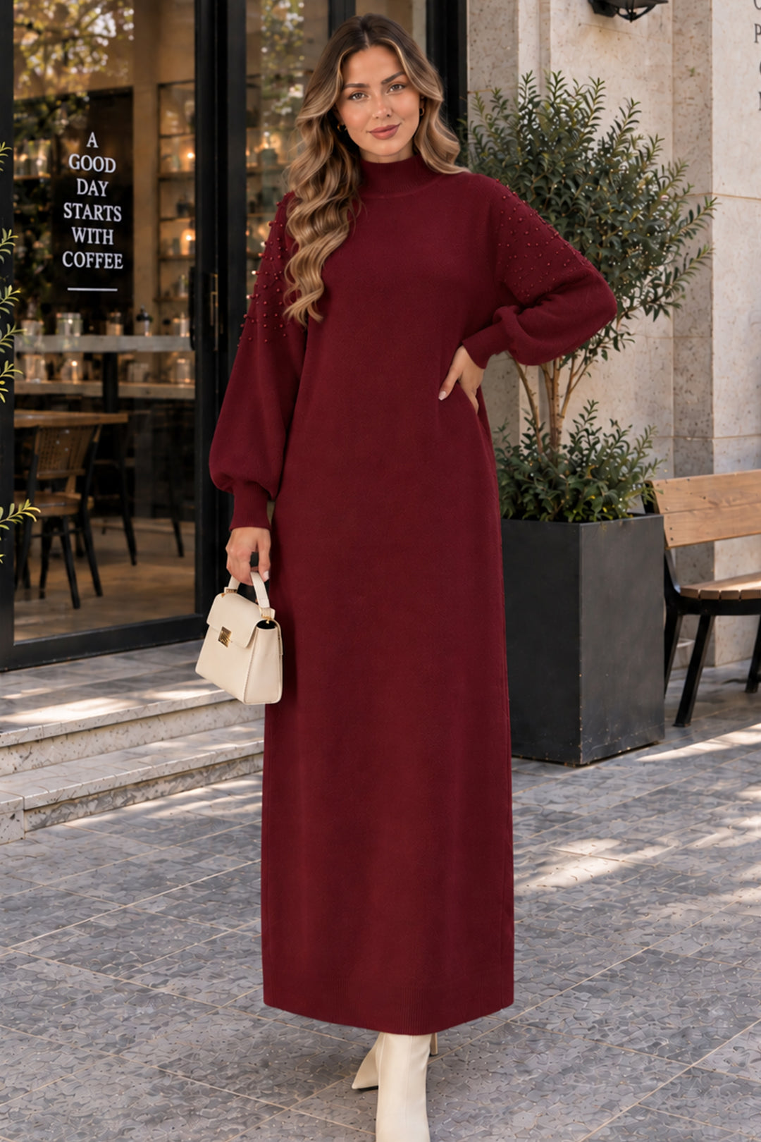 BNG Women İnci Detaylı Triko Elbise K3084 Bordo - Brugherio
