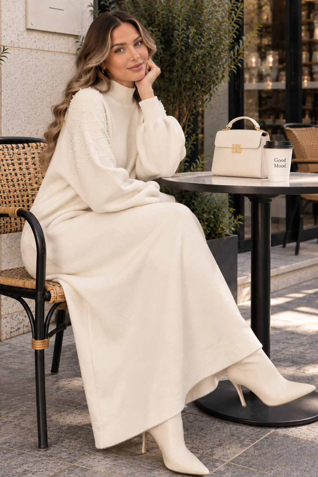 BNG Women İnci Detaylı Triko Elbise K3084 Ekru - Hengelo