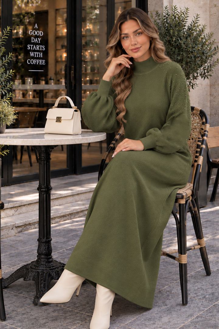BNG Women İnci Detaylı Triko Elbise K3084 Haki - Elizabeth
