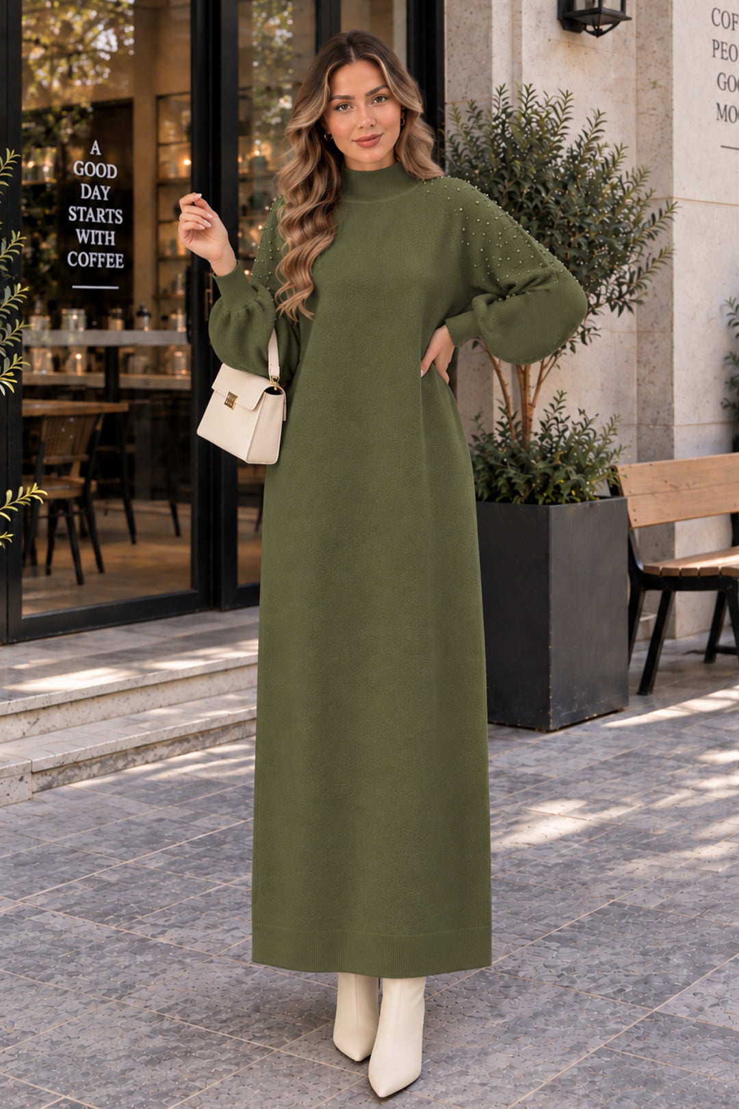 BNG Women İnci Detaylı Triko Elbise K3084 Haki - Miami Gardens