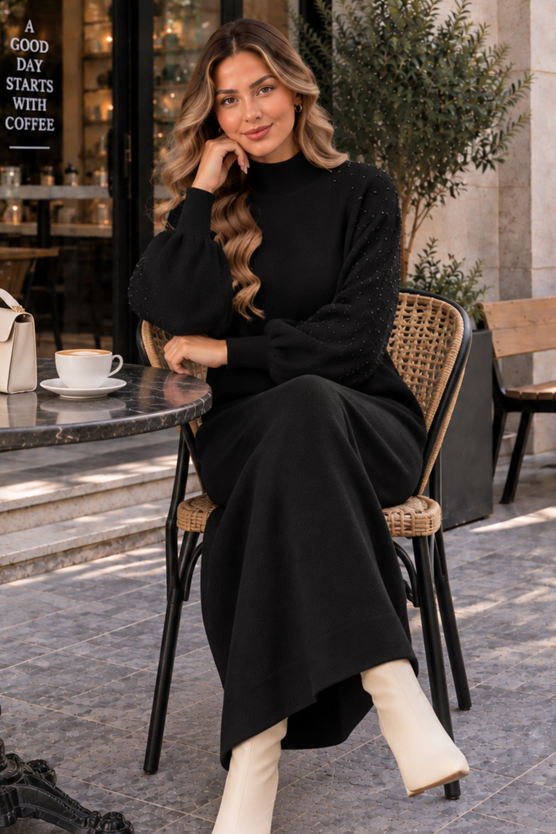 BNG Women İnci Detaylı Triko Elbise K3084 Siyah - Winter Garden