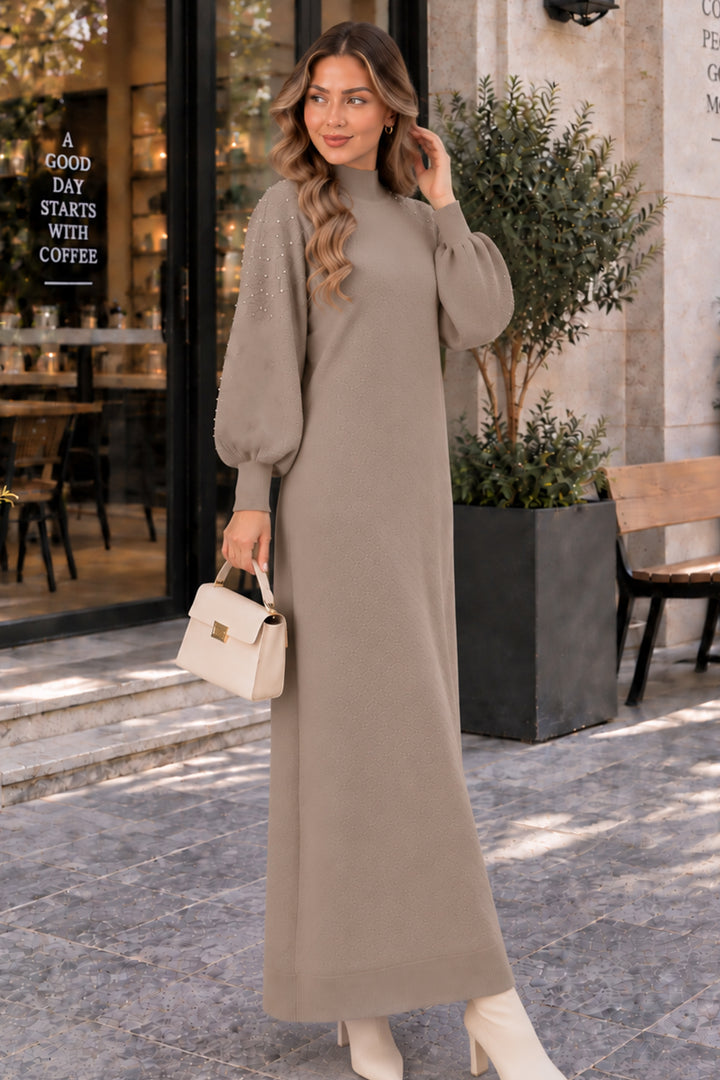 BNG Women İnci Detaylı Triko Elbise K3084 Vizon - Tepotzotlán