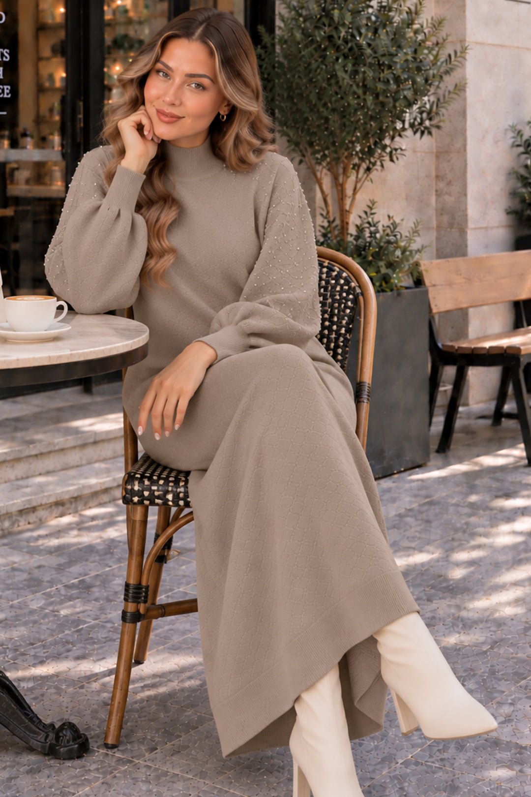 BNG Women İnci Detaylı Triko Elbise K3084 Vizon - Tepotzotlán