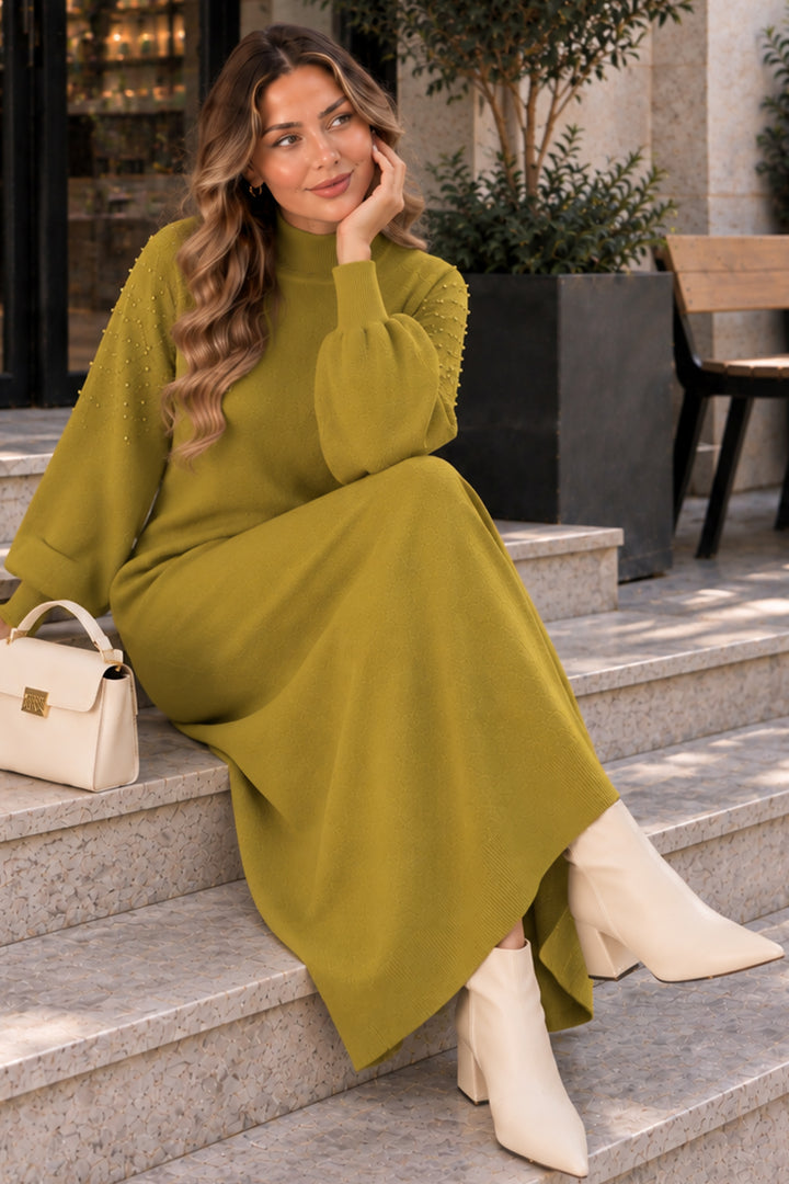 BNG Women İnci Detaylı Triko Elbise K3084 Yağ Yeşili - Yakima