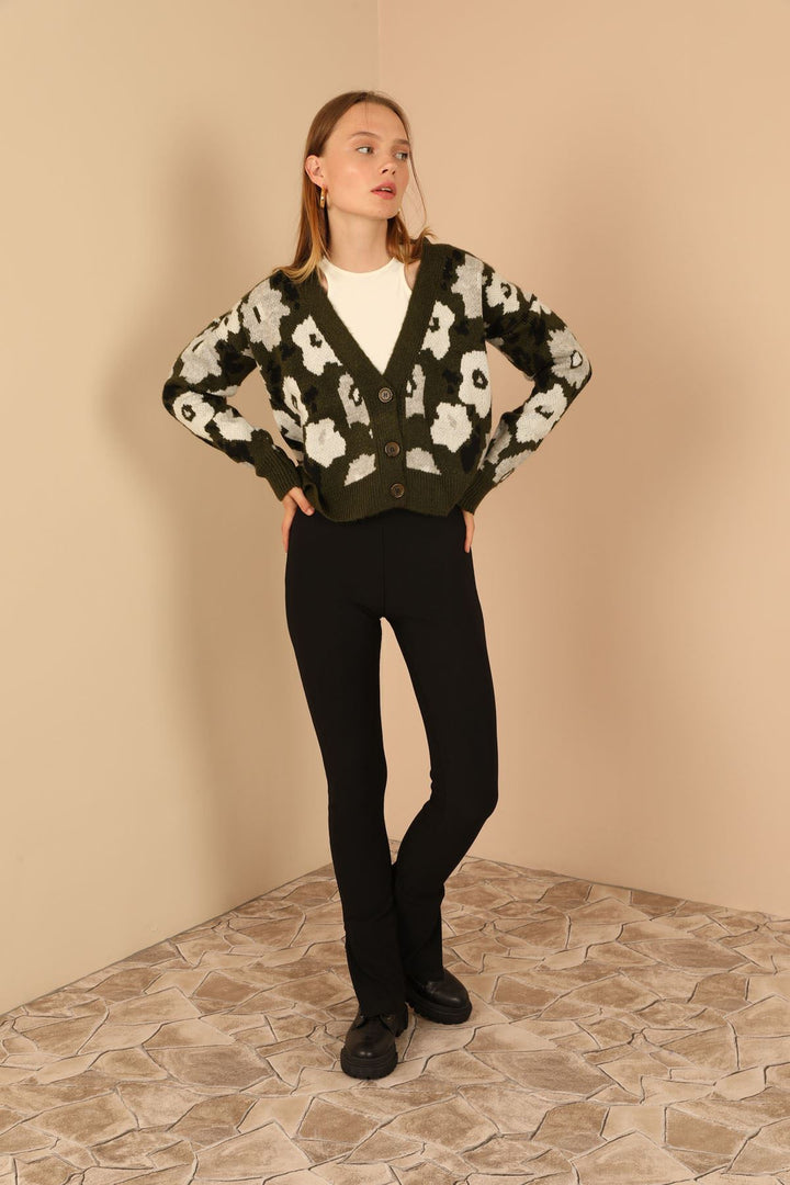 KKT Knitwear Fabric Flower Pattern Women Cardigan-Khaki - West Covina