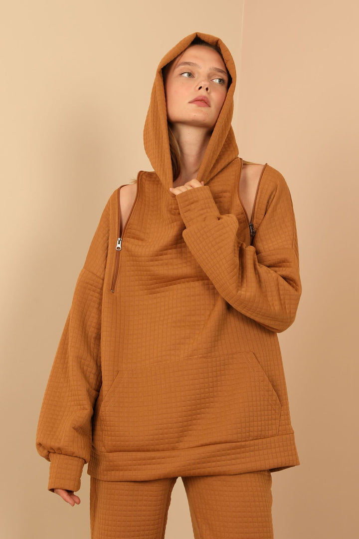 KKT Jesica Fabric Long Sleeve Hooded Oversize Zip Women Sweatshirt - Light Brown - Bondy