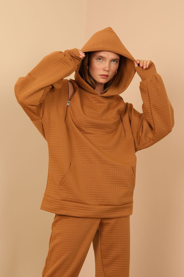KKT Jesica Fabric Long Sleeve Hooded Oversize Zip Women Sweatshirt - Light Brown - Bondy