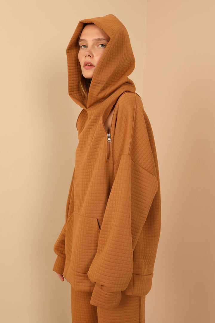 KKT Jesica Fabric Long Sleeve Hooded Oversize Zip Women Sweatshirt - Light Brown - Bondy