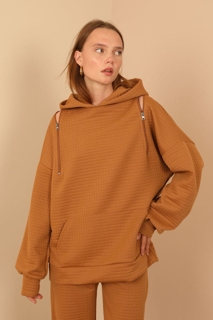 KKT Jesica Fabric Long Sleeve Hooded Oversize Zip Women Sweatshirt - Light Brown - Bondy