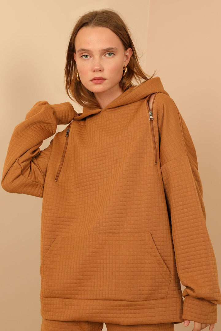 KKT Jesica Fabric Long Sleeve Hooded Oversize Zip Women Sweatshirt - Light Brown - Bondy