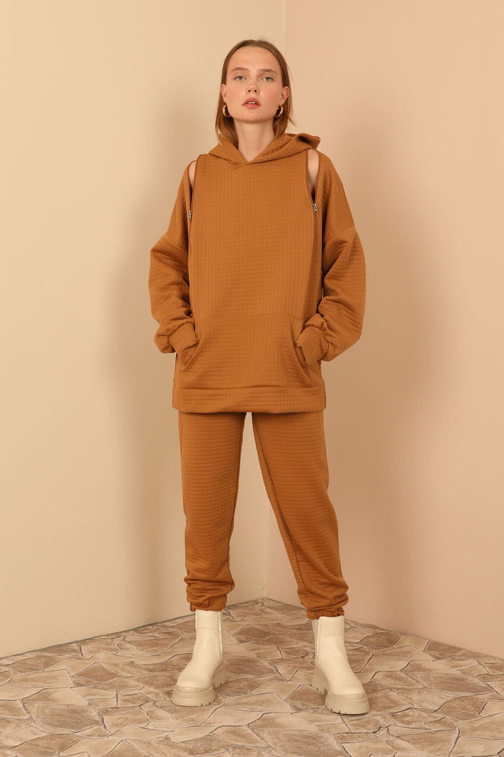 KKT Jesica Fabric Long Sleeve Hooded Oversize Zip Women Sweatshirt - Light Brown - Bondy